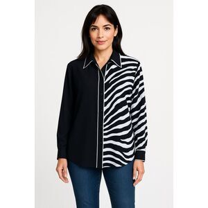 Bob Mackie Silk Mixed Zebra Print Button Up Shirt Black, White‎ Size S